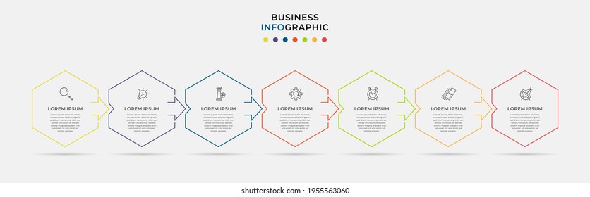 Vector Infographic thin line arrow design business template with icons and 7 options or steps. Can be used for process diagram, presentations, workflow layout, banner, flow chart, info graph