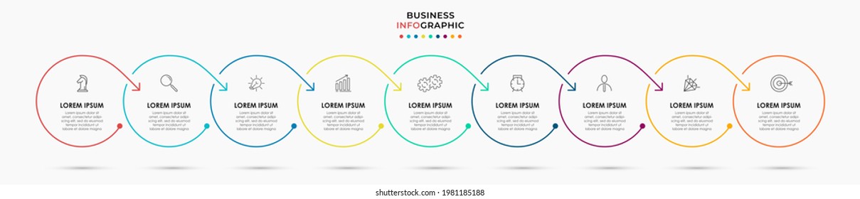 Vector Infographic thin line circle design business template with icons and 9 options or steps. Can be used for process diagram, presentations, workflow layout, banner, flow chart, info graph