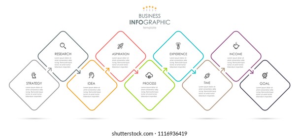 Vector Infographic thin line design with icons and 9 options or steps. Infographics for business concept. Can be used for presentations banner, workflow layout, process diagram, flow chart, info graph