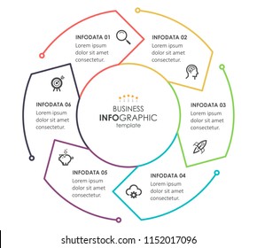 Vector Infographic thin line design with circular arrows. Can be used for cycling diagram, graph, presentation and round chart. Business concept with 6 options, parts, steps or processes.