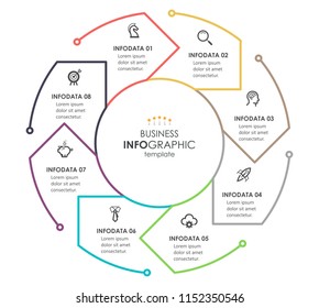 Vector Infographic thin line design with circular arrows. Can be used for cycling diagram, graph, presentation and round chart. Business concept with 8 options, parts, steps or processes.