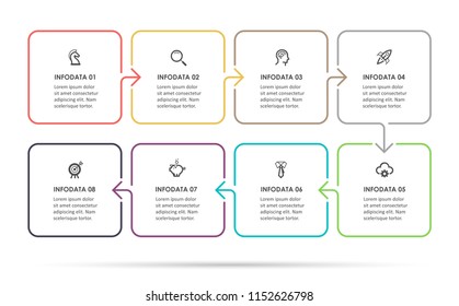 Vector Infographic thin line design with icons and 8 options or steps. Infographics for business concept. Can be used for presentations banner, workflow layout, process diagram, flow chart, info graph