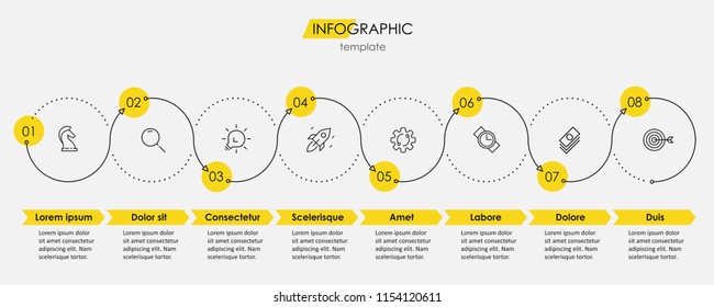 Vector Infographic thin line design with icons and 8 options or steps. Infographics for business concept. Can be used for presentations banner, workflow layout, process diagram, flow chart, info graph