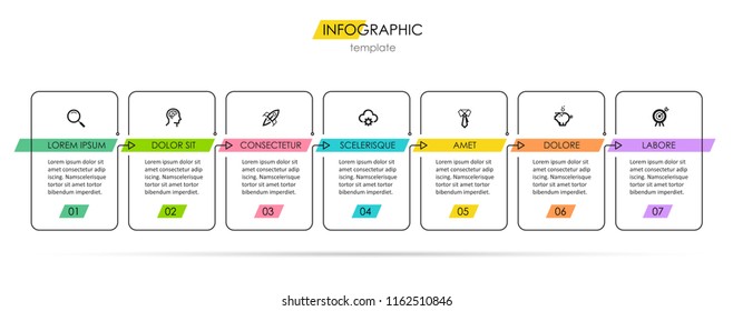 Vector Infographic thin line design with icons and 7 options or steps. Infographics for business concept. Can be used for presentations banner, workflow layout, process diagram, flow chart, info graph