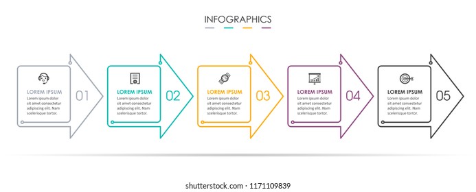 Vector Infographic thin line design with arrows and 5 options or steps. Infographics for business concept can be used for presentations banner, workflow layout, process diagram, flow chart, info graph