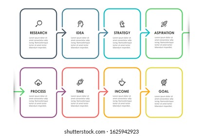 Vector Infographic thin line design with icons and 8 options or steps. Infographics for business concept.