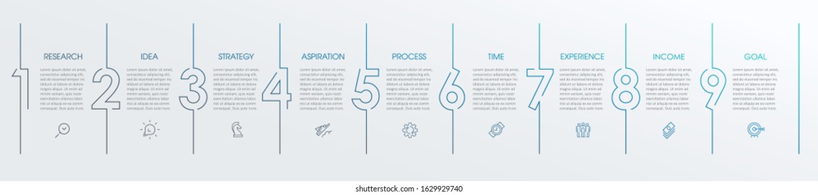 Vector Infographic thin line design with icons and 9 options or steps. Infographics for business concept. Can be used for presentations banner, workflow layout, process diagram, flow chart, info graph