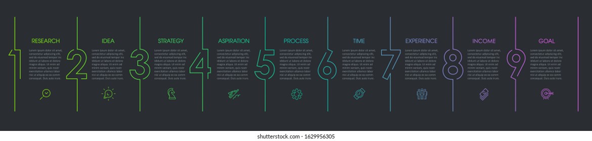 Vector Infographic thin line design with icons and 9 options or steps. Infographics for business concept. Can be used for presentations banner, workflow layout, process diagram, flow chart, info graph