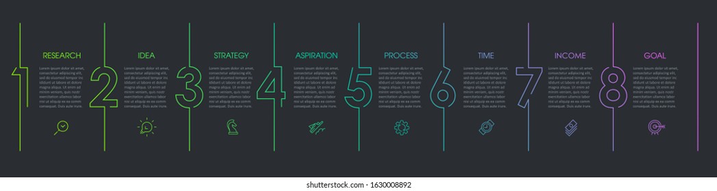 Vector Infographic thin line design with icons and 8 options or steps. Infographics for business concept. Can be used for presentations banner, workflow layout, process diagram, flow chart, info graph