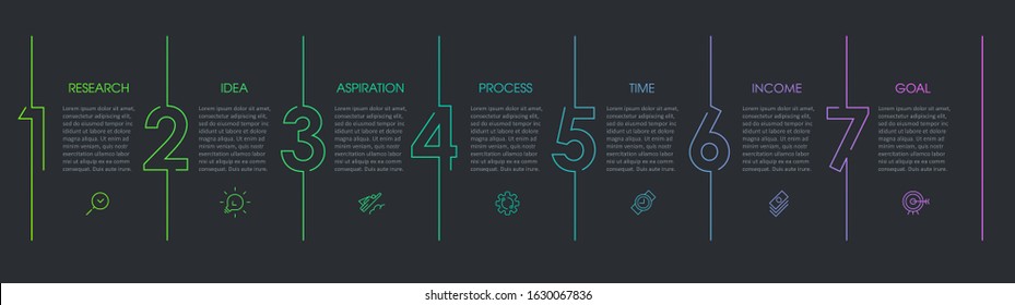 Vector Infographic thin line design with icons and 7 options or steps. Infographics for business concept. Can be used for presentations banner, workflow layout, process diagram, flow chart, info graph