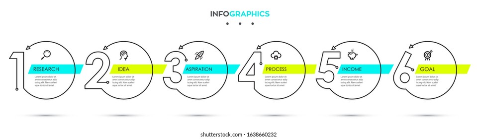 Vector Infographic thin line design with icons and 6 options or steps.  Can be used for process diagram, presentations, workflow layout, banner, flow chart, info graph.