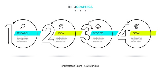 Vector Infographic thin line design with icons and 4 options or steps.  Can be used for process diagram, presentations, workflow layout, banner, flow chart, info graph.