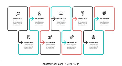 Vector Infographic thin line design with icons and 9 options or steps. Infographics for business concept. Can be used for presentations banner, workflow layout, process diagram, flow chart, info graph