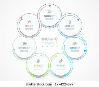 Vector Infographic thin line design template with icons and 7 options or steps.  Can be used for process diagram, presentations, workflow layout, banner, flow chart, info graph.