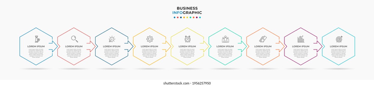 Vector Infographic thin line design business template with icons and 9 options or steps. Can be used for process diagram, presentations, workflow layout, banner, flow chart, info graph