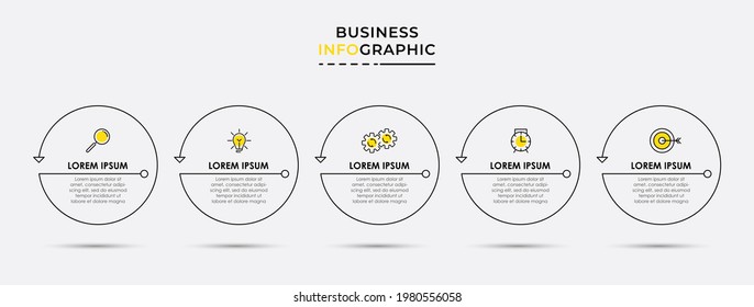 Vector Infografik Thin Line Design Business Template mit Symbolen und 5 Optionen oder Schritten. Kann für Prozessdiagramm, Präsentationen, Workflow-Layout, Banner, Flussdiagramm, Info-Graphen verwendet werden