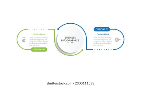 Diseño de línea delgada con infografía vectorial con iconos de marketing. Concepto de negocio con 2 opciones, pasos o procesos.