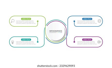 Diseño de línea delgada con infografía vectorial con iconos de marketing. Concepto de negocio con 4 opciones, pasos o procesos.