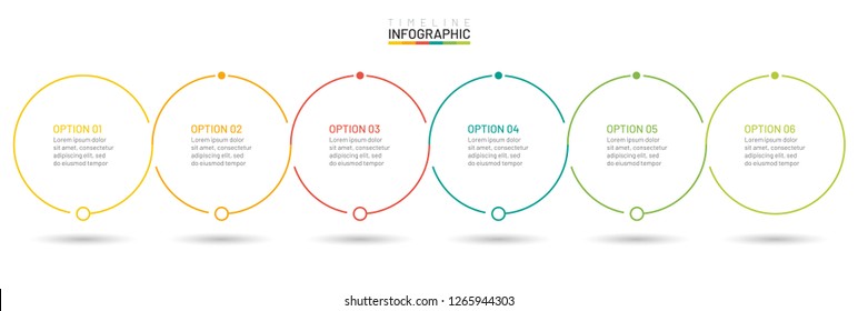 Vector infographic thin line flat design element. Timeline with 6 options, circles, steps or processes. Can be used for presentation, workflow layout, banner, plan, report, flow chart, web design.