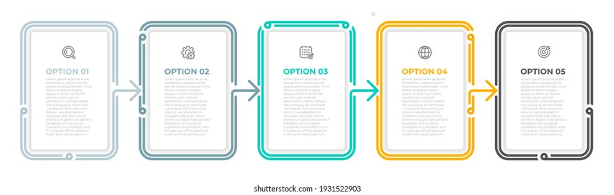 Diseño de etiquetas de línea delgada con infografía vectorial con flecha e iconos. Proceso de línea de tiempo con 5 opciones o pasos. Se puede utilizar para diagrama de flujo de trabajo, gráfico de información, diseño web.
