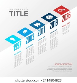 Vector Infographic time line template with icons and big years  on the edge - light version with icons and isometry texts. Milestones with titles descriptions and icons