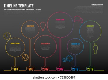 Plantilla de línea de tiempo infográfica de vectores hecha de círculos e iconos de línea delgada - versión oscura