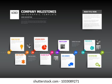 Vector Infographic time report template with horizontal timeline, icons and simple content boxes - dark version