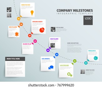 Vector Infographic time report template with diagonal timeline, icons and simple content boxes