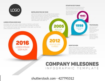 Vector Infographic timeline with Company Milestones and colorful pointers.