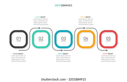 Vector infographic timeline design template with arrow lines. Abstract elements of square diagram with 5 steps, options, parts or processes.