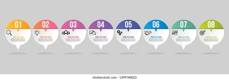 Vector Infographic Timeline Design Template with 8 Options Steps and Marketing Icons can be used for info graph, presentations, process, diagrams, annual reports, workflow layout