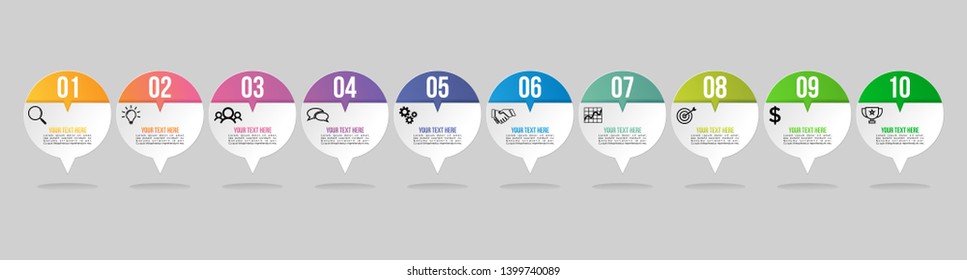 Vector Infographic Timeline Design Template with 10 Options Steps and Marketing Icons can be used for info graph, presentations, process, diagrams, annual reports, workflow layout