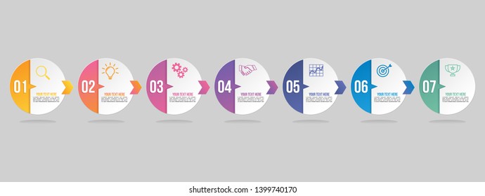 Vector Infographic Timeline Design Template with 7 Options Steps and Marketing Icons can be used for info graph, presentations, process, diagrams, annual reports, workflow layout