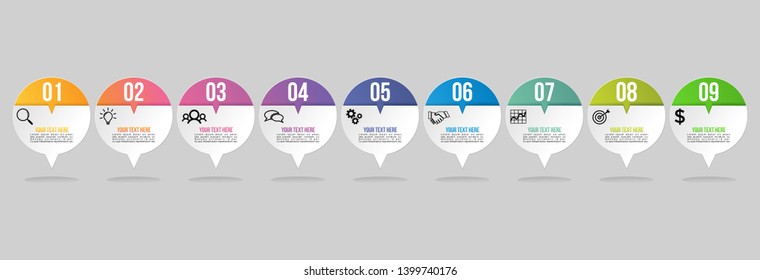 Vector Infographic Timeline Design Template with 9 Options Steps and Marketing Icons can be used for info graph, presentations, process, diagrams, annual reports, workflow layout