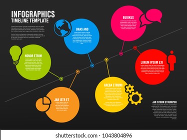 Vector Infographic timeline diagram template made from lines, circles and icons - dark version