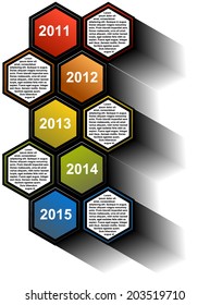 Vector infographic timeline report with colored hexagons