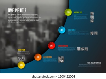 Vector Infographic timeline report template with big photo placeholder, icons, photos, years and color buttons. Business company overview profile - dark version