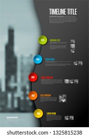 Vector Infografik Timeline Report Template mit großen Fotoplakattasten, Symbolen, Fotos, Jahren und Farbtasten. Übersichtsprofil eines Unternehmens Dunkle Version