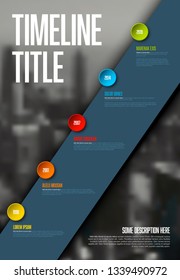 Vector Infographic timeline report template with big photo placeholder, icons, years and color buttons on white diagonal stripe. Business company vertical overview profile.