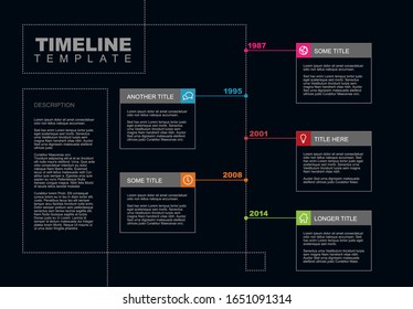 Vector Infographic  timeline report template with the biggest milestones,  years and description - dark timeline template version