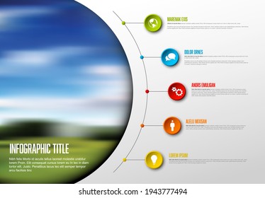 Vector Infographic timeline report template with big photo placeholder icons photos, years and color buttons. Business company overview profile with timeline. Thin line timeline with colorful elements