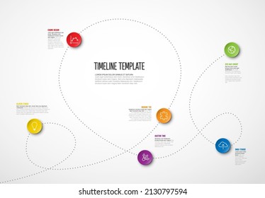Vector Infographic timeline report template with icons and simple content. Dotted black timeline template with color pins, icons and short descriptions