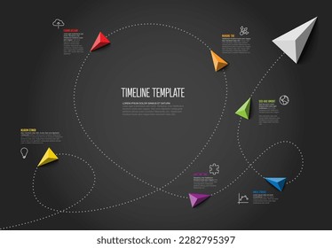 Vector Infografik Timeline Berichtsvorlage mit dem Pfeil der Farbpyramide, der die Richtung, die Symbole und den einfachen Inhalt zeigt. Schwarze Timeline-Vorlage mit Pfeilen, Symbolen und kurzen Beschreibungen 