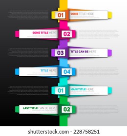 Vector Infographic timeline report template made from colorful papers on a black and white background