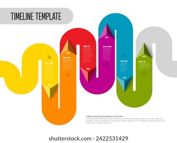 Plantilla de informe de línea de tiempo de la infografía vectorial hecha de línea de color gruesa con flecha de triángulo piramidal que muestra la dirección, iconos y contenido simple. Plantilla de línea de tiempo con flechas, iconos y descripción