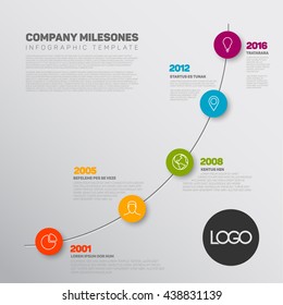 Vector Infographic timeline report template with the biggest milestones, icons, years and color buttons. Business company overview profile.