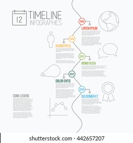 Vector Infografische Zeitstrahl-Berichtsvorlage mit den größten Meilensteinen, Symbolen, Jahren und Beschreibungen - alle Ereignisse sind auf serpentine Linie