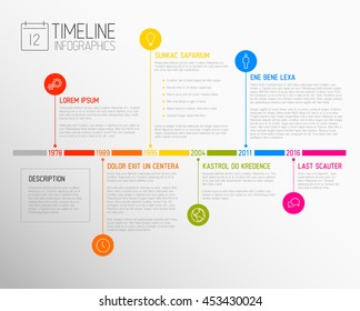 Plantilla de informe de escala de tiempo de la infografía de vectores con los principales hitos, iconos, años y botones de color