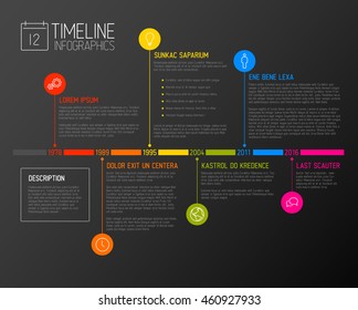 Plantilla de informe de escala de tiempo de la infografía de vectores con los mayores hitos, iconos, años y botones de color