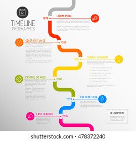 Vector Infographic timeline report template with the biggest milestones, icons, years and color buttons - vertical time line version